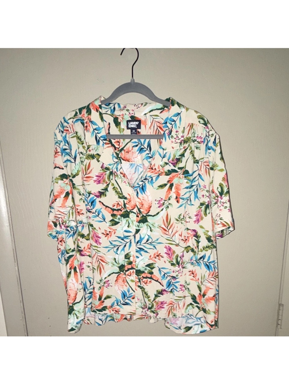 Lands' End Cream Floral Short-Sleeve Button-Up Top